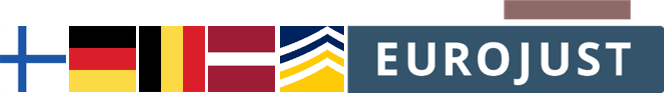 Flags of Finland, Germany, Belgium, Latvia and logos of Europol and Eurojust